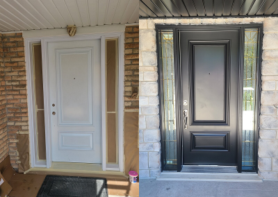 White main front entrance door after being painted black. Painting vinyl windows black or any other colour is our specialty