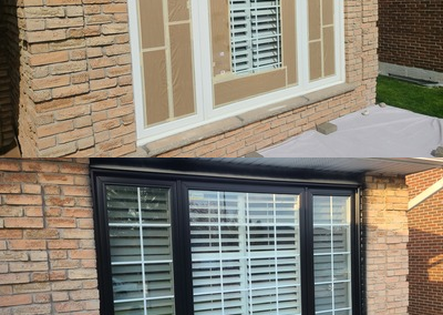 White vinyl window painted black using special black paint that is vinyl safe in Mississauga
